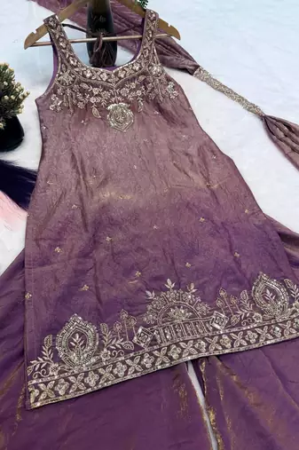 Purple Color Sequence And  Embroidery Work, Zari Work Silk Blend Saree