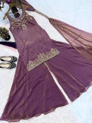 Purple Color Sequence And  Embroidery Work, Zari Work Silk Blend Saree 5