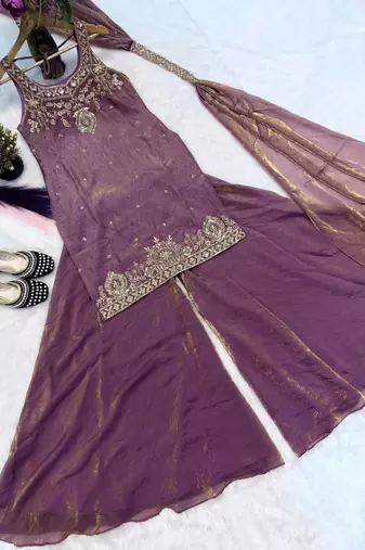 Purple Color Sequence And  Embroidery Work, Zari Work Silk Blend Saree