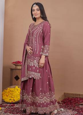 rosewood pink silk blend party wear embroidery   sharara suit set   2