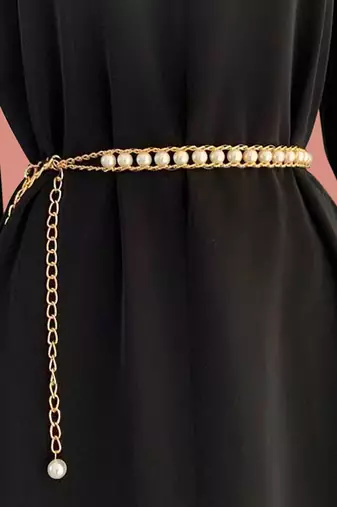 Gold plated pearl studded dress waist belt kamar bandh belly chain jewellery for women