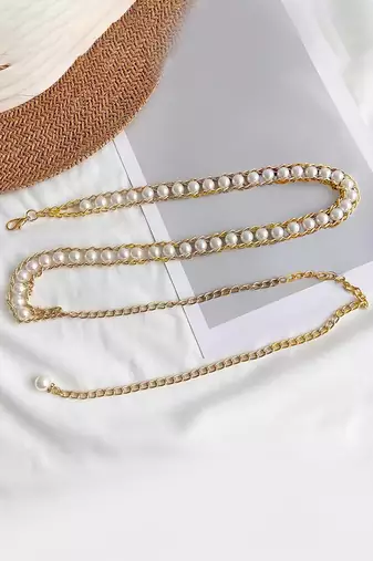 Gold plated pearl studded dress waist belt kamar bandh belly chain jewellery for women
