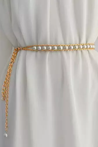 Gold plated pearl studded dress waist belt kamar bandh belly chain jewellery for women