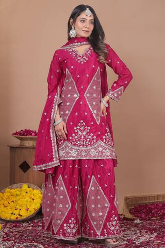 pink  silk blend party wear embroidery sharara suit set