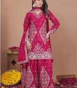 pink  silk blend party wear embroidery sharara suit set