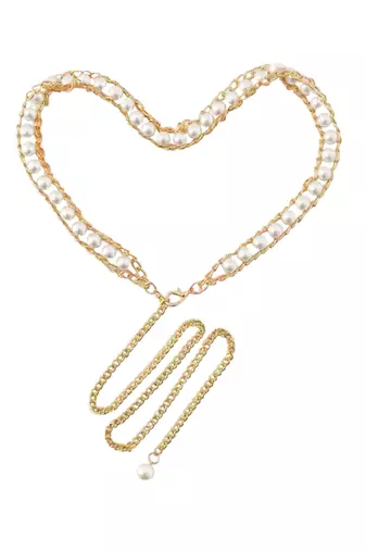 Gold plated pearl studded dress waist belt kamar bandh belly chain jewellery for women