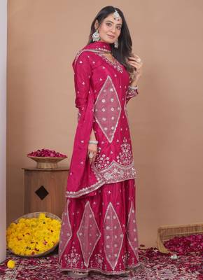 pink  silk blend party wear embroidery sharara suit set 2