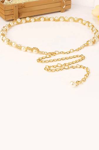 Gold plated pearl studded waist belt kamar bandh belly chain elegant dress accessory