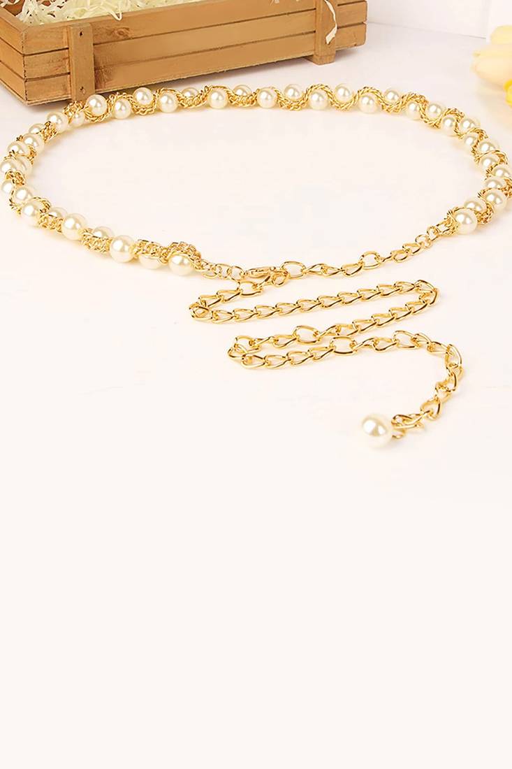 Gold plated pearl studded waist belt kamar bandh belly chain elegant dress accessory