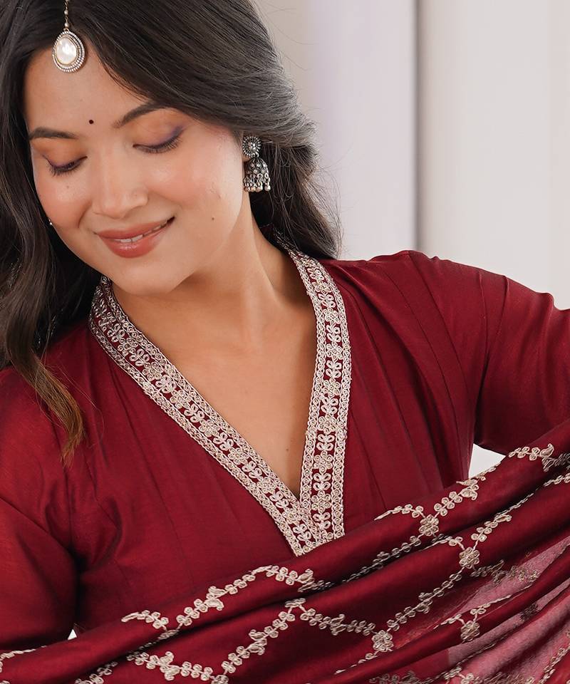 maroon  blooming silk blend  anarkali suit set