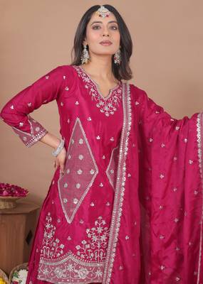 pink  silk blend party wear embroidery sharara suit set 4