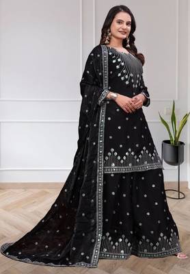 black fandy  silk blend party wear embroidery sharara suit set 3