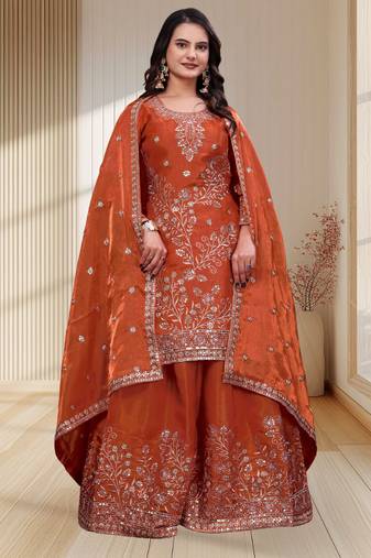 orange andy  silk blend party wear embroidery sharara suit set