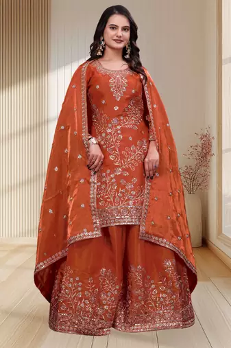orange andy  silk blend party wear embroidery sharara suit set