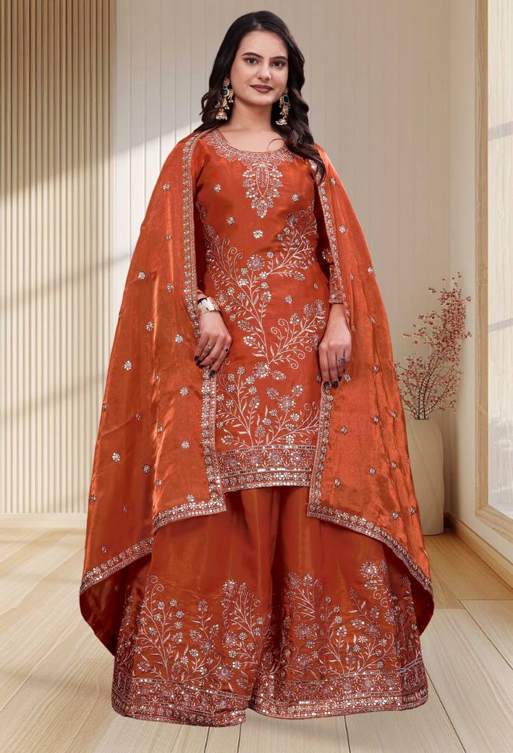 orange andy  silk blend party wear embroidery sharara suit set