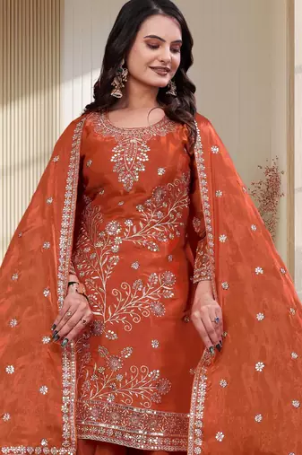 orange andy  silk blend party wear embroidery sharara suit set