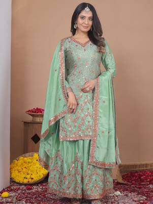 green pista  silk blend party wear embroidery sharara suit set  1