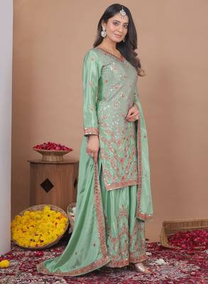 green pista  silk blend party wear embroidery sharara suit set  2