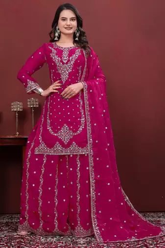 pink fandy silk blend party wear embroidery sharara suit set 
