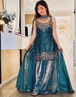 Teal Color Sequence And  Embroidery Work, Zari Work Silk Blend Saree 1