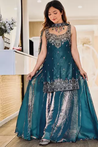Teal Color Sequence And  Embroidery Work, Zari Work Silk Blend Saree