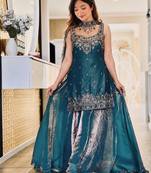 Teal Color Sequence And  Embroidery Work, Zari Work Silk Blend Saree