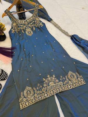 Teal Color Sequence And  Embroidery Work, Zari Work Silk Blend Saree 2