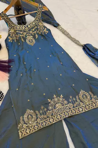 Teal Color Sequence And  Embroidery Work, Zari Work Silk Blend Saree