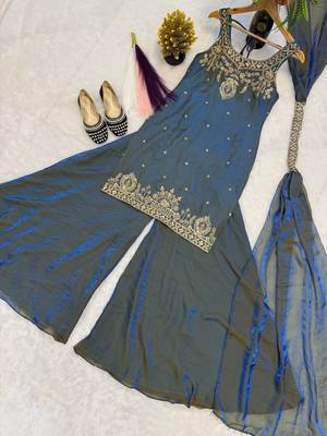 Teal Color Sequence And  Embroidery Work, Zari Work Silk Blend Saree 3