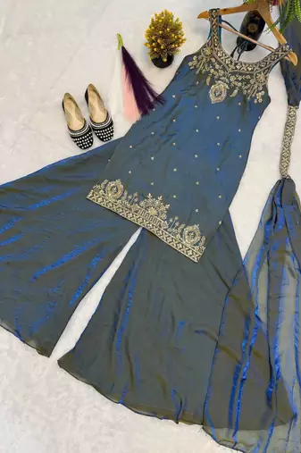 Teal Color Sequence And  Embroidery Work, Zari Work Silk Blend Saree