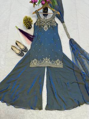 Teal Color Sequence And  Embroidery Work, Zari Work Silk Blend Saree 4