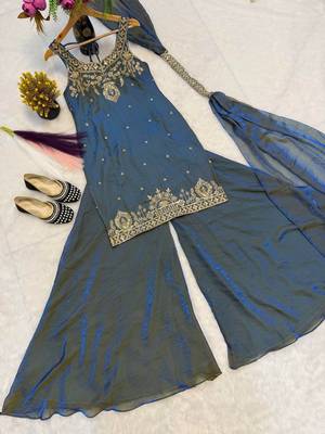 Teal Color Sequence And  Embroidery Work, Zari Work Silk Blend Saree 5