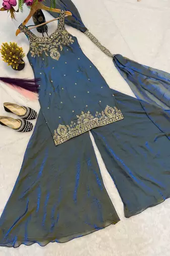 Teal Color Sequence And  Embroidery Work, Zari Work Silk Blend Saree