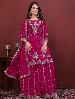 pink fandy silk blend party wear embroidery sharara suit set  2