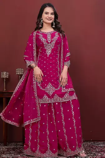 pink fandy silk blend party wear embroidery sharara suit set 
