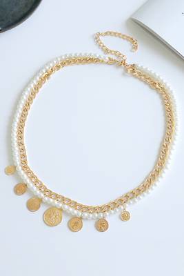 2 layer gold plated waist chain kamar bandh with white beads & coin tassels jewellery gift 1