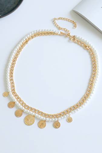 2 layer gold plated waist chain kamar bandh with white beads & coin tassels jewellery gift