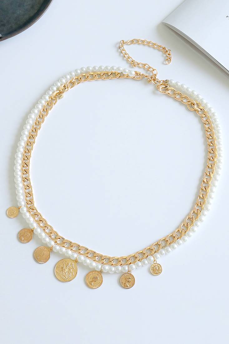 2 layer gold plated waist chain kamar bandh with white beads & coin tassels jewellery gift