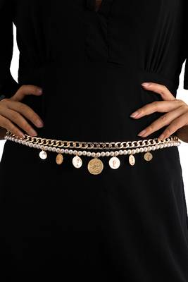 2 layer gold plated waist chain kamar bandh with white beads & coin tassels jewellery gift 2