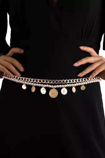 2 layer gold plated waist chain kamar bandh with white beads & coin tassels jewellery gift