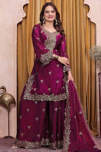 wine fandy silk blend party wear embroidery sharara suit set 
