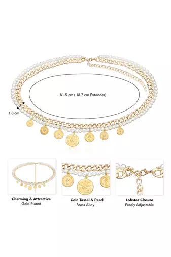 2 layer gold plated waist chain kamar bandh with white beads & coin tassels jewellery gift