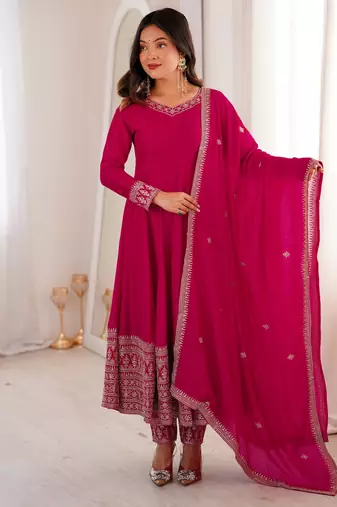 pink  blooming silk blend  anarkali gown set with dupatta & pant