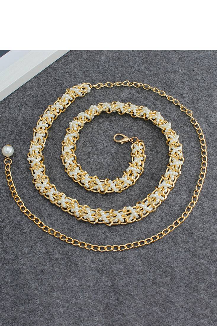 Gold plated white small beads braided waist belt kamar bandh jewellery stylish gift for women