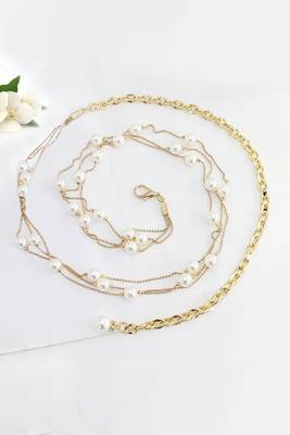 Gold plated pearl studded kamarbandh belly chain wrist belt fancy jewellery for women 1