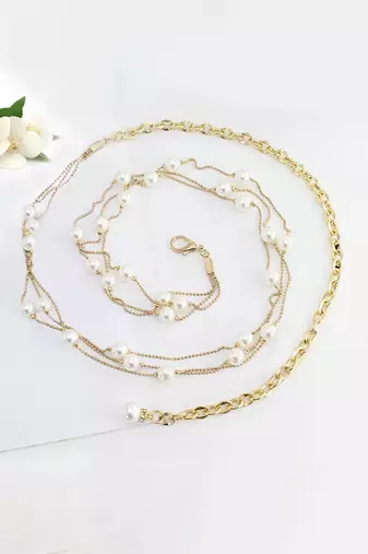 Gold plated pearl studded kamarbandh belly chain wrist belt fancy jewellery for women