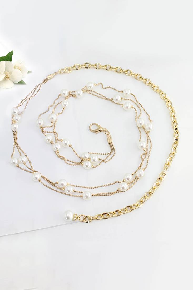 Gold plated pearl studded kamarbandh belly chain wrist belt fancy jewellery for women