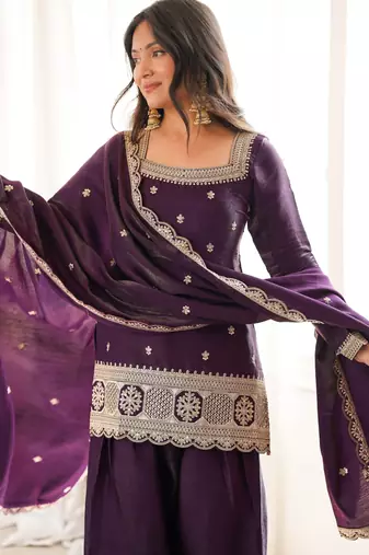 wine color silk blend  embroidered farshi salwar suit
