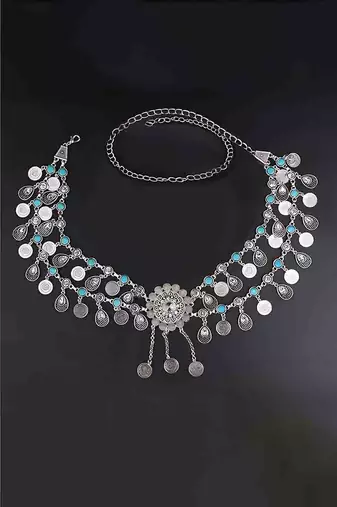 Silver plated crystal studded ethnic kamarbandh belly chain wrist belt jewellery for women