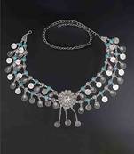 Silver plated crystal studded ethnic kamarbandh belly chain wrist belt jewellery for women